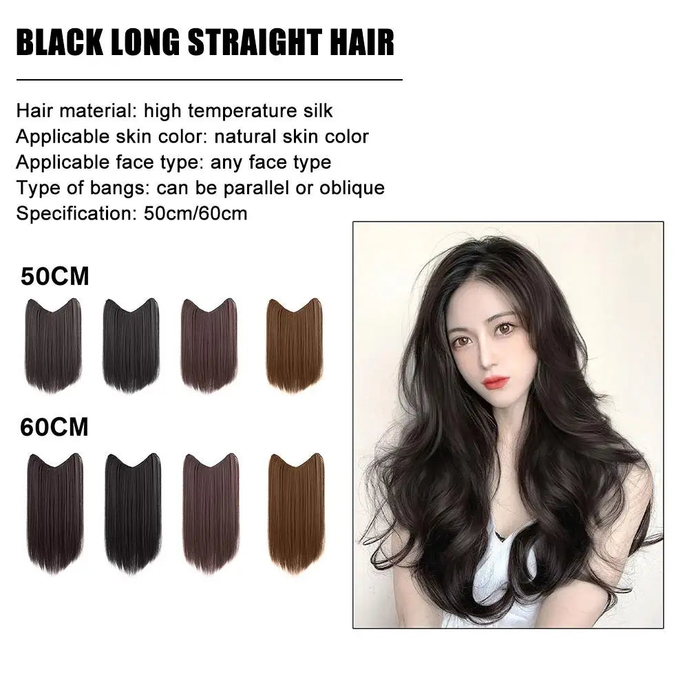 U-shaped Half Head Cover For Wigs Invisible And Traceless Black Long Straight Hair One Piece V-shaped Hair Extensions Front Wig