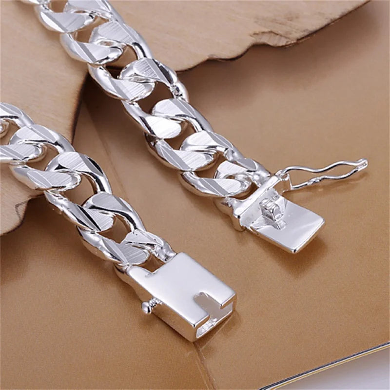 New High-end Women's Mens Fine S925 Sterling Silver Bracelet Fashion Jewelry Gift Men's 10MM Square Beautiful Gem