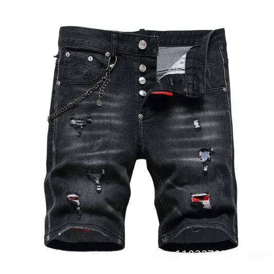 Men Black Denim Shorts New Summer Male Holes Shorts Jeans High Quality Male Stretch Fit Ripped Denim Jeans Shorts Size 44