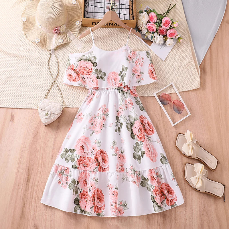 Summer Girls Dress For  8-12 Years White  Floral Print  Suspender Skirt  Edge off-shoulder  Elegant  Holiday  Party Dress