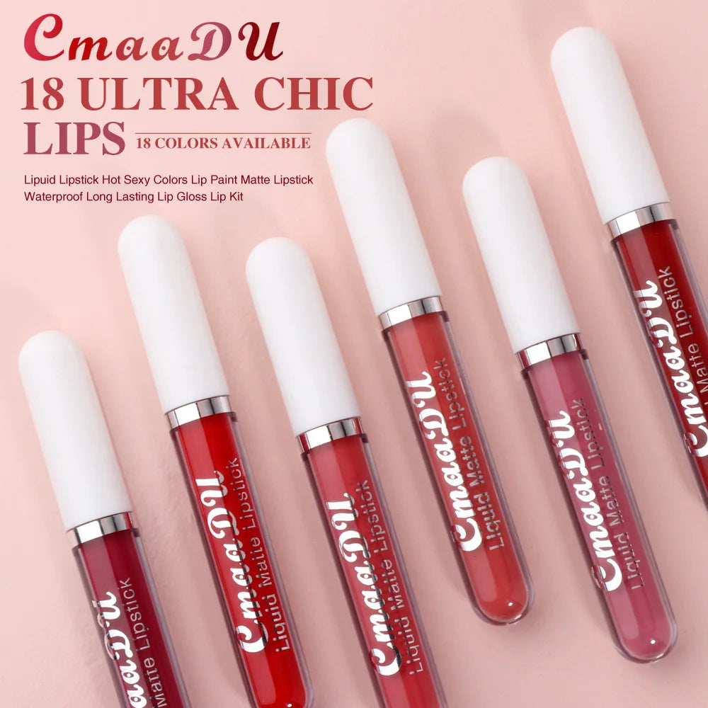 Sexy Long Lasting Velvet Matte Lip Gloss Liquid Lipstick Lip Makeup Women Beauty Red Nonstick Cup Waterproof Lip Gloss 18 Color