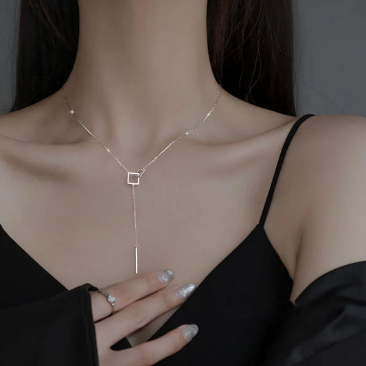 925 Sterling Silver Geometric Square Necklace with Straight Tassel Long Collar Chain Neckchain Sweater Chain Wedding Jewelry