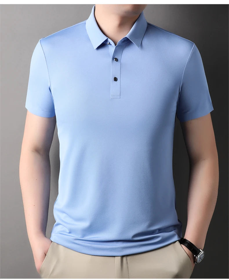 Summer Classic High Quality Solid Color Breathable Men's Short sleeved POLO Shirt Comfortable Ice Silk Casual Business T-shirt