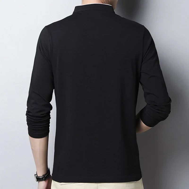 Men's Fashion Long sleeved POLO Shirt Casual Cotton Breathable Top Stand up Collar Korean Comfortable T-shirt Top