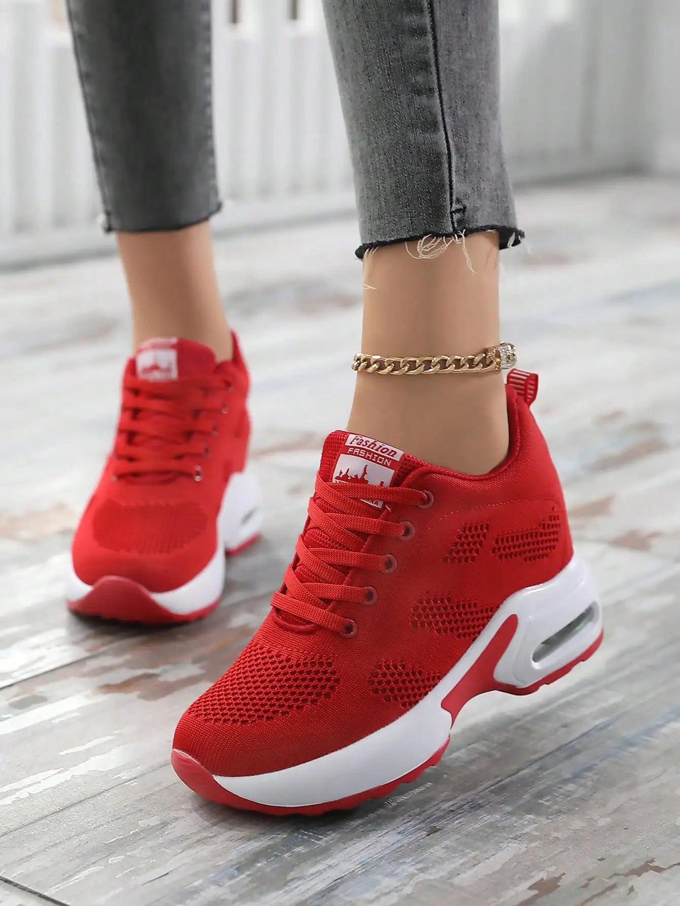 Women Knit Lace Up Platform Shoes Air Cushion Sneakers 8 cm Height Wedge Sneakers Red Casual Shoes Zapatillas Mujer 1912 v