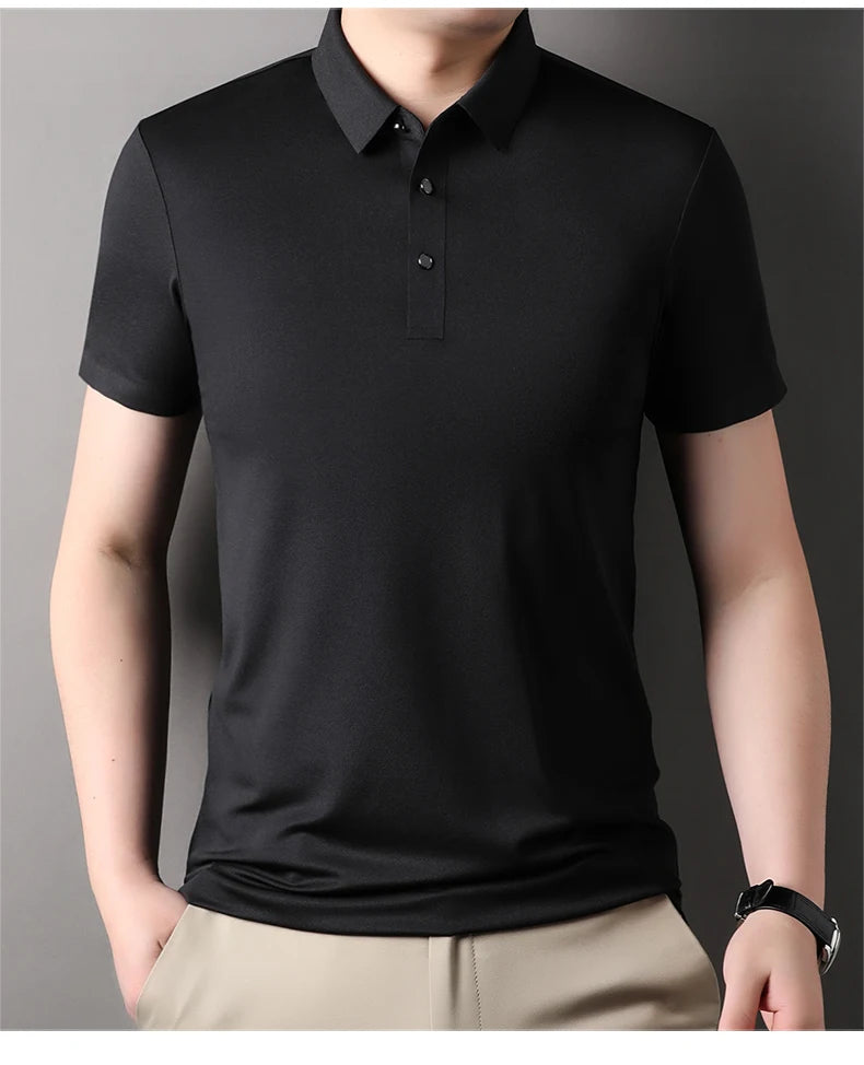 Summer Classic High Quality Solid Color Breathable Men's Short sleeved POLO Shirt Comfortable Ice Silk Casual Business T-shirt