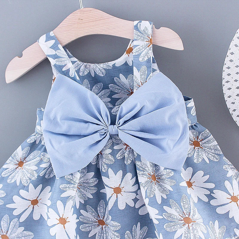 2pcs Baby Girls Sleeveless Daisy Print Back Big Bow Decor Beach Dress & Hat Set Kids Summer Clothes