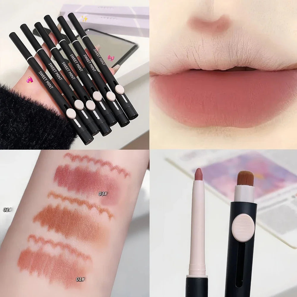 Waterproof Matte Lipliner Pencil with Brush Sexy Nude Brown Contour Tint Lipstick Lasting Non-stick Cup Lip Liner Lips Makeup