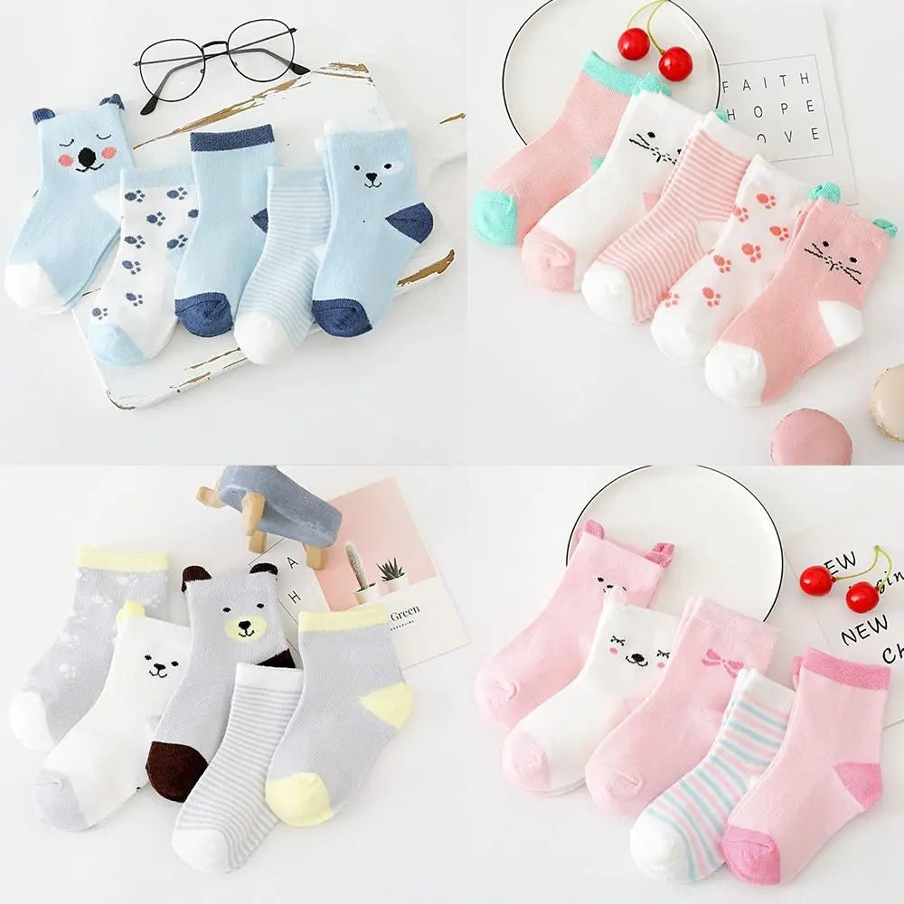 5 Pairs/Lot Cartoon Baby Socks Cute Cat Animal Cotton Newborn Children's Socks Girl Kids Boy Soft Knit Toddler Sleeping Socks