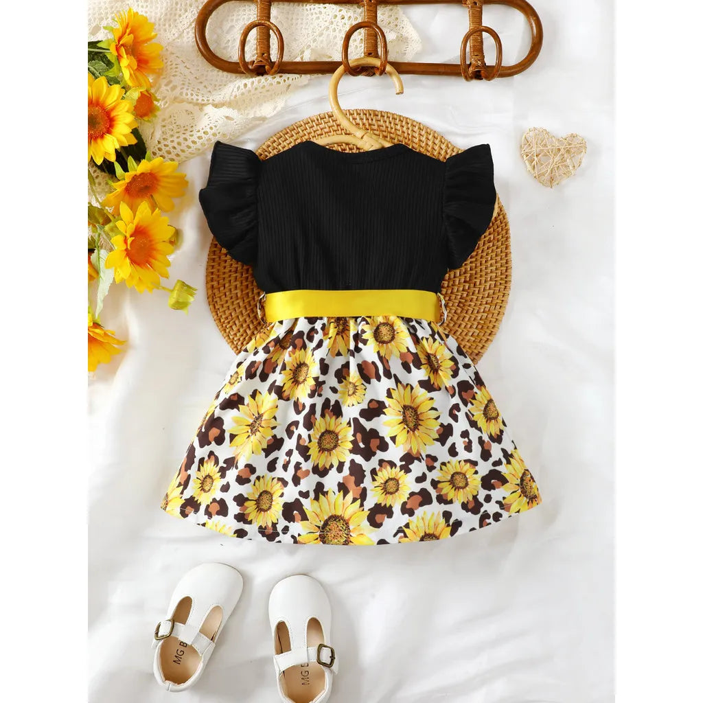 Summer Child Girl Fashion Dress Petal Sleeve Patchwork Sunflower Dress with Big Bow Birthday Party Costume for Kids 4-7 Years