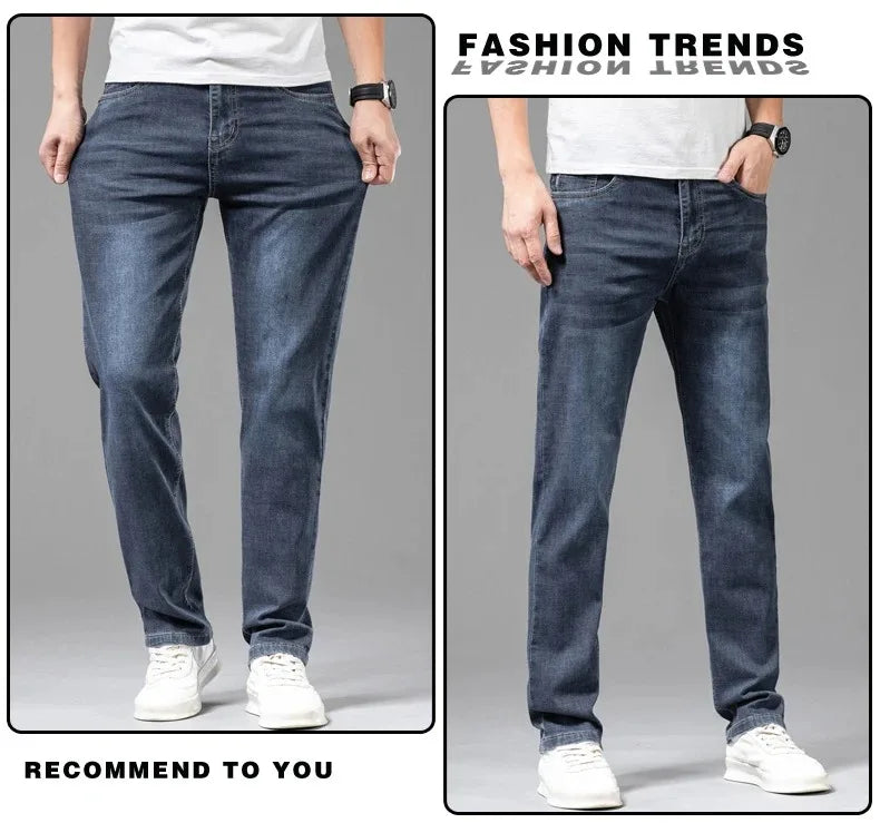 Summer Thin Men's Cotton Jeans New Fashion Gray Elastic Straight Business Casual Pants Comfortable Brand Trousers