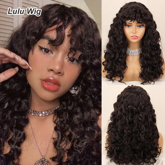 23 Inch Brown Curly Wig with Bangs Long Vintage Hairstyle with Curly Fringe Synthetic Wig for Women Daily Use Party