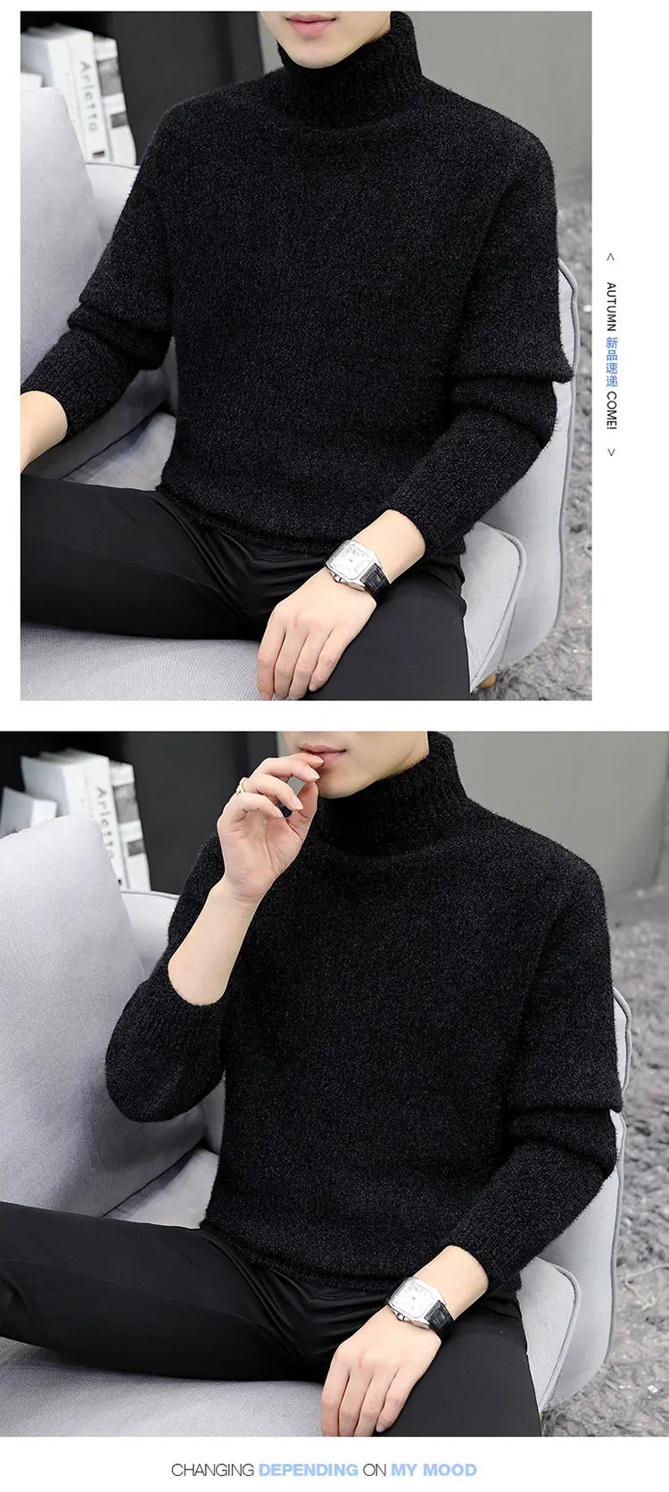 2024 Men Brand High Neck Knitted Pullover New Arrivals Male Fashion Streetwear Casual Slim Solid Color Turtleneck Sweater Male