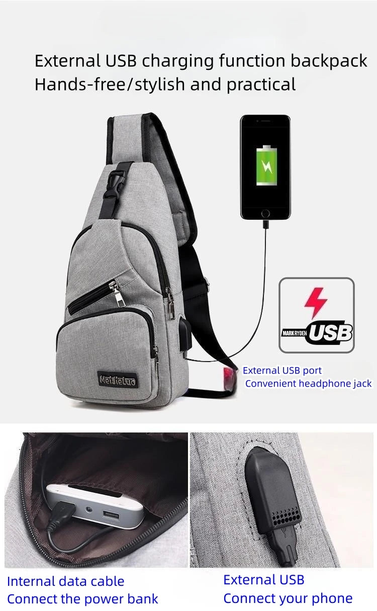 Fashion Boys Shoulder Bag USB Rechargeable Crossbody Bag Men's Anti-theft Multifunctional Chest Bag‘s Travel Backpack Handbag