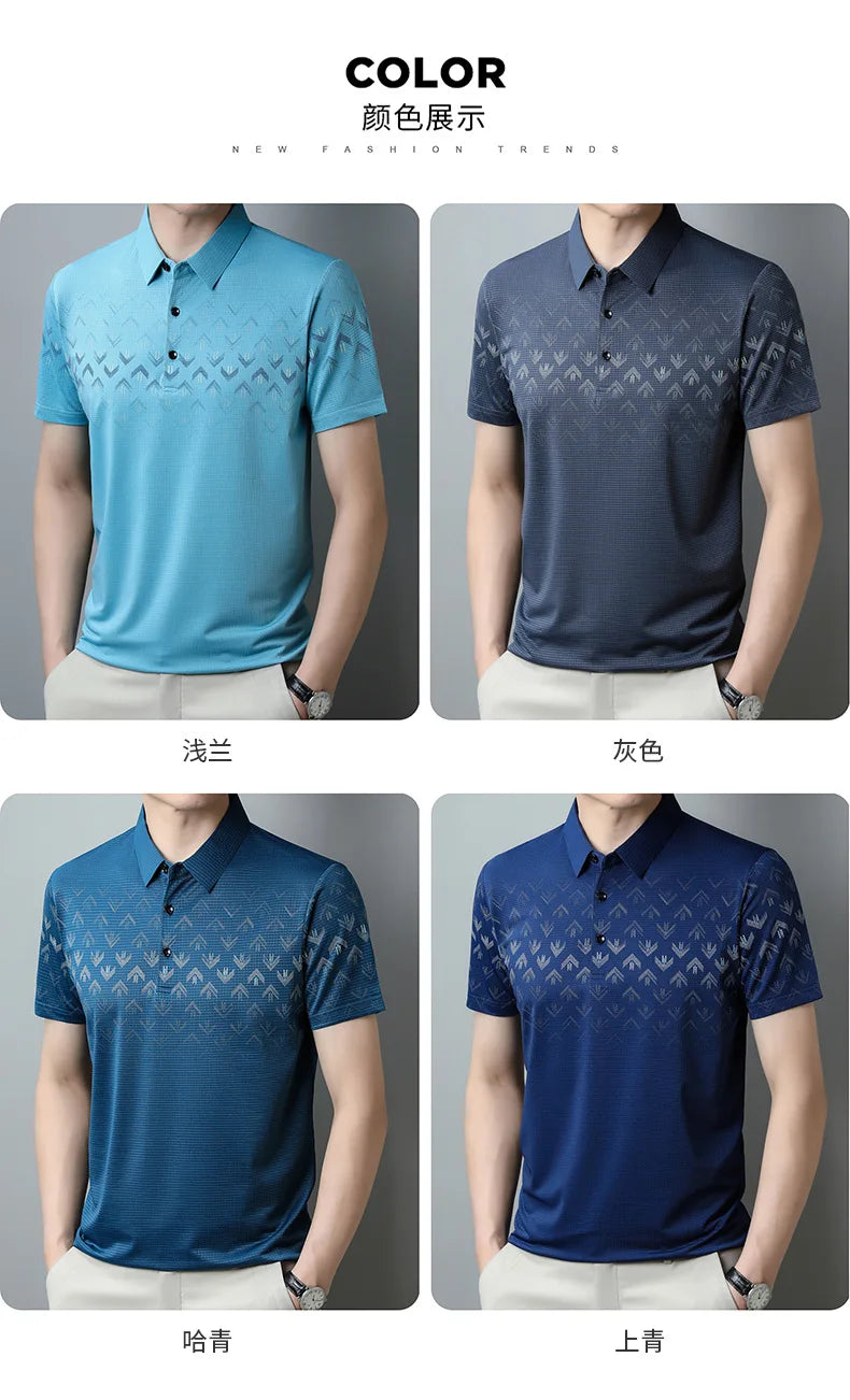 2023 New Ice Silk T-shirt Short Sleeve Men's Polo Shirt Business Casual Printed Lapel Men's Quick-drying Top