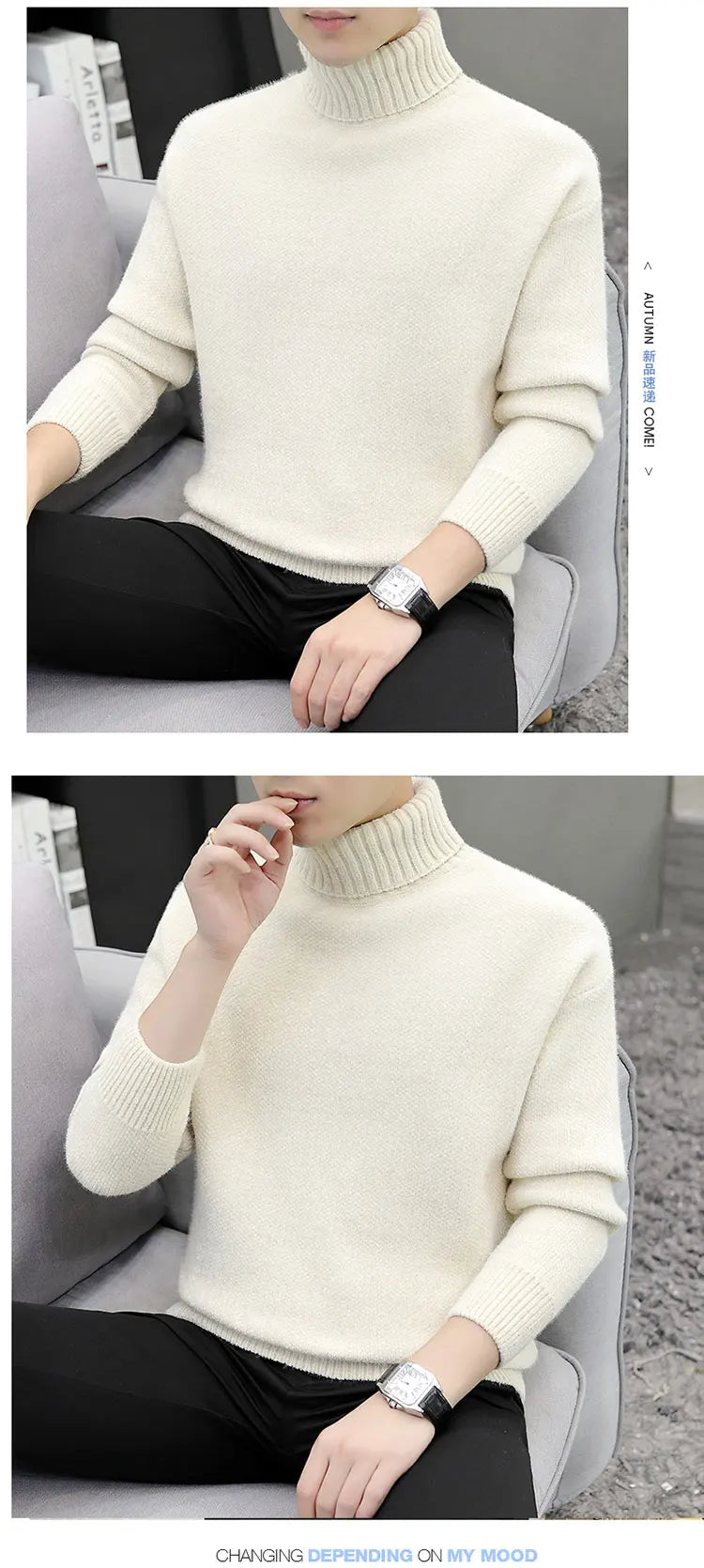 2024 Men Brand High Neck Knitted Pullover New Arrivals Male Fashion Streetwear Casual Slim Solid Color Turtleneck Sweater Male