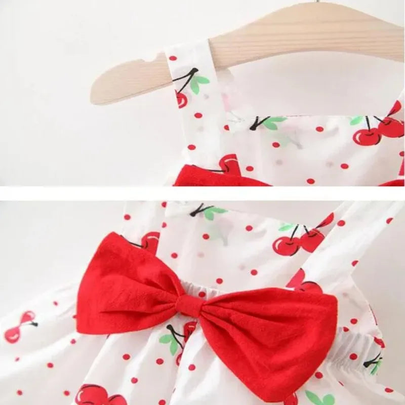 1Pc Kids Girl Summer Sleeveless Dress Cute Print Bow Casual Dress with Straw Hat