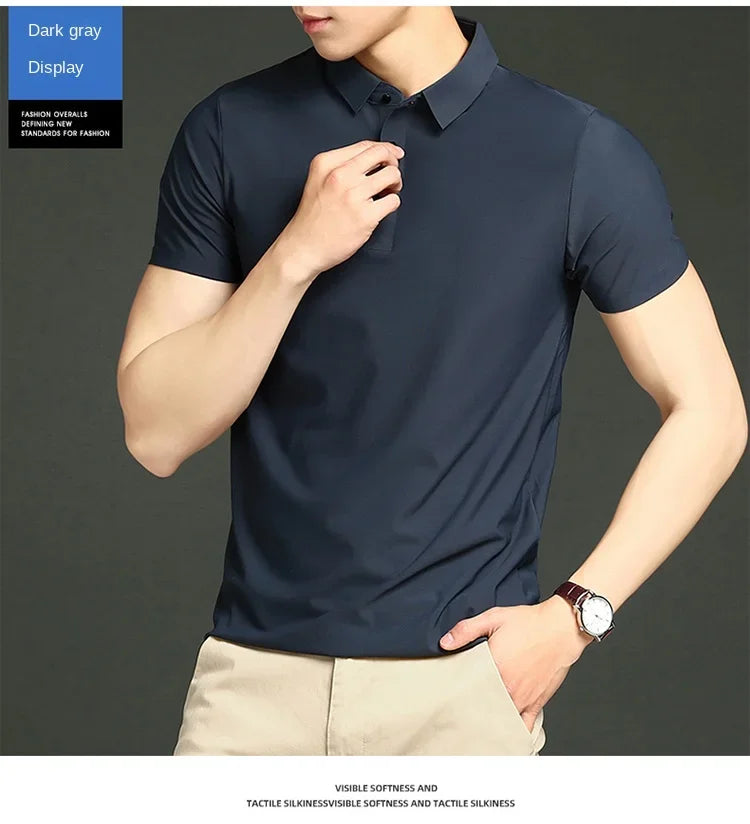 Summer T-shirt Short Sleeve Stretch Ice Silk Polo Shirt Men Business Casual Lapels Slim-Fitting Seamless Mercerized Thin Top Men