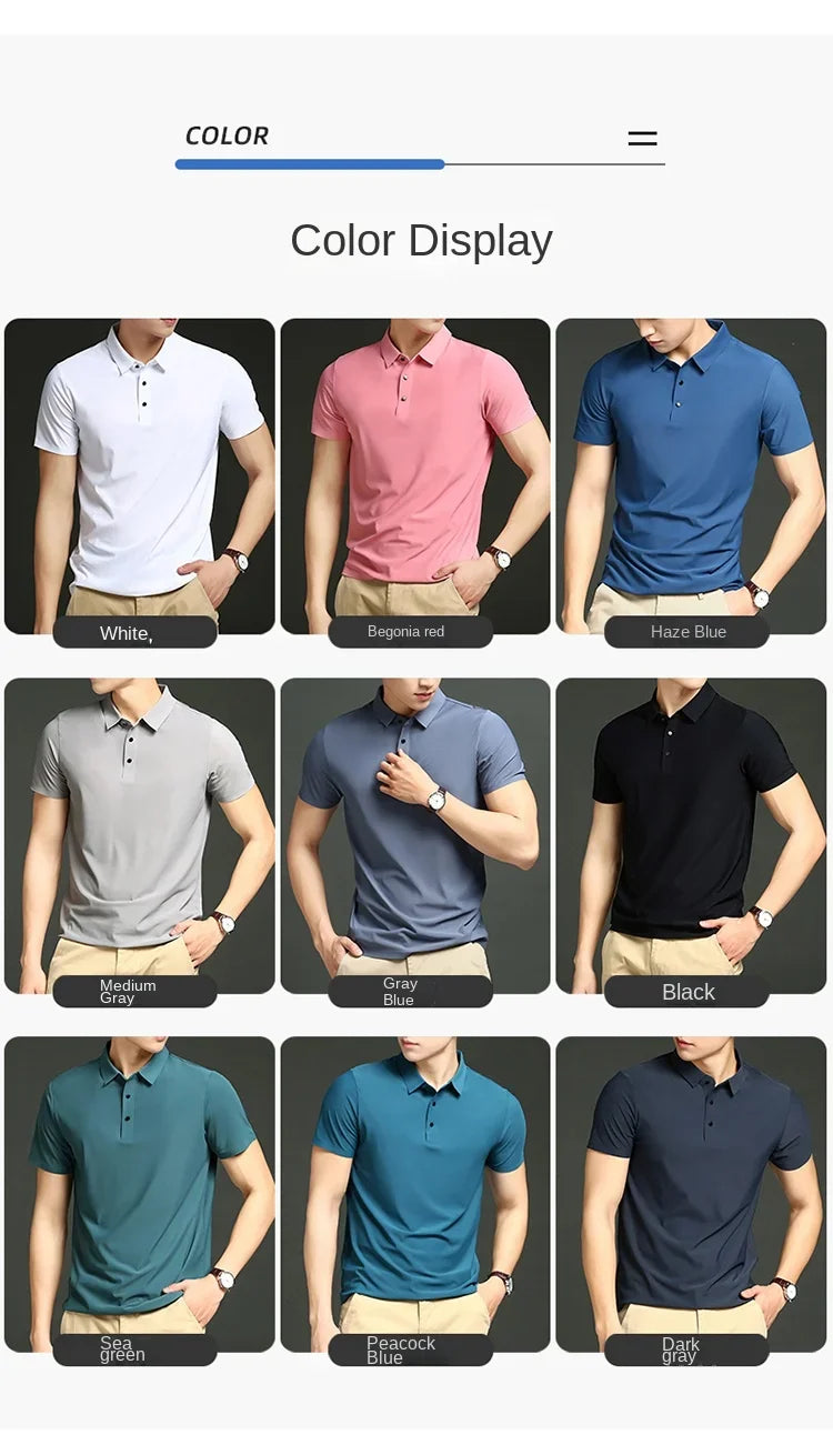 Summer T-shirt Short Sleeve Stretch Ice Silk Polo Shirt Men Business Casual Lapels Slim-Fitting Seamless Mercerized Thin Top Men