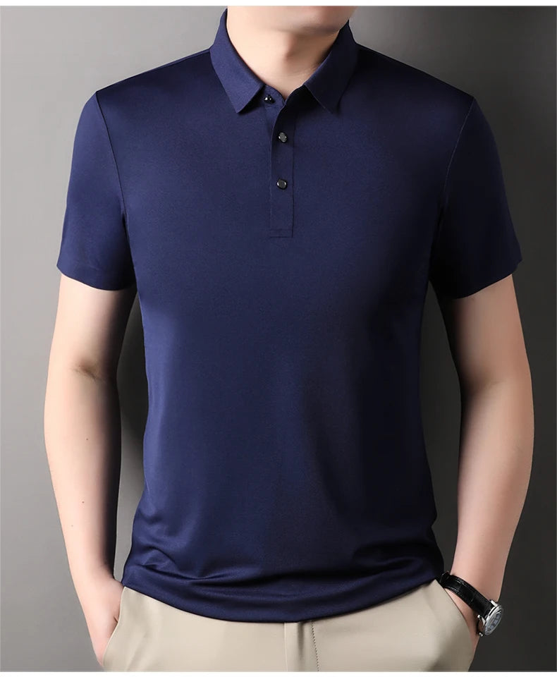 Summer Classic High Quality Solid Color Breathable Men's Short sleeved POLO Shirt Comfortable Ice Silk Casual Business T-shirt