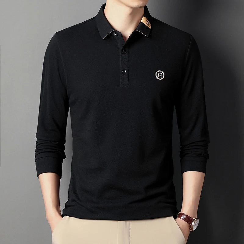 New Men's Casual Embroidery Long Sleeve Polo Shirt Fashion Solid Color Top