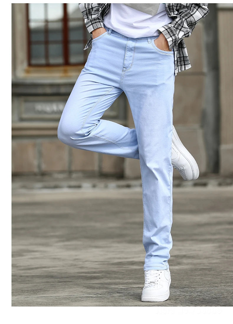 2023 Autumn New Men's Sky Blue Slim Stretch Jeans Classic Style Fashion Casual Denim Pants Male Brand Trousers