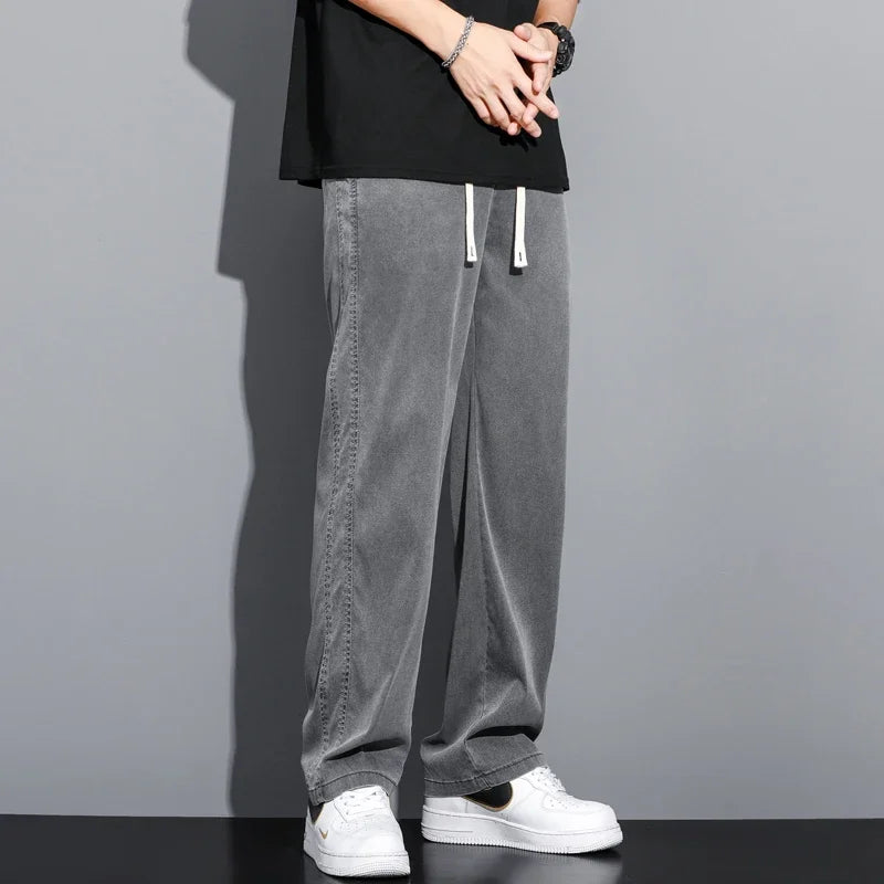 S-5XL 6Style,Men's Loose Jeans Summer Soft Lyocell Thin Fabric Straight Pants Drawstring Elastic Waist Korea Casual Trousers,Y2K