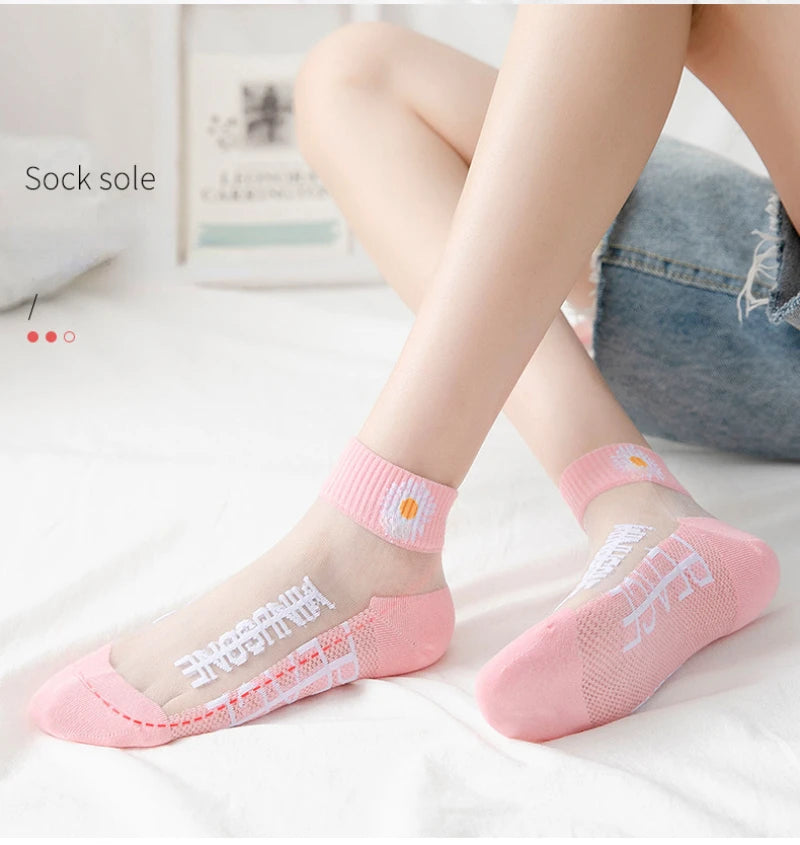 5 Pairs Summer Woman Silk Socks Ankle Lace Ultra-thin Girl’s Transparent Glass Fiber Fashion Daisy Flower Harajuku Cute Style