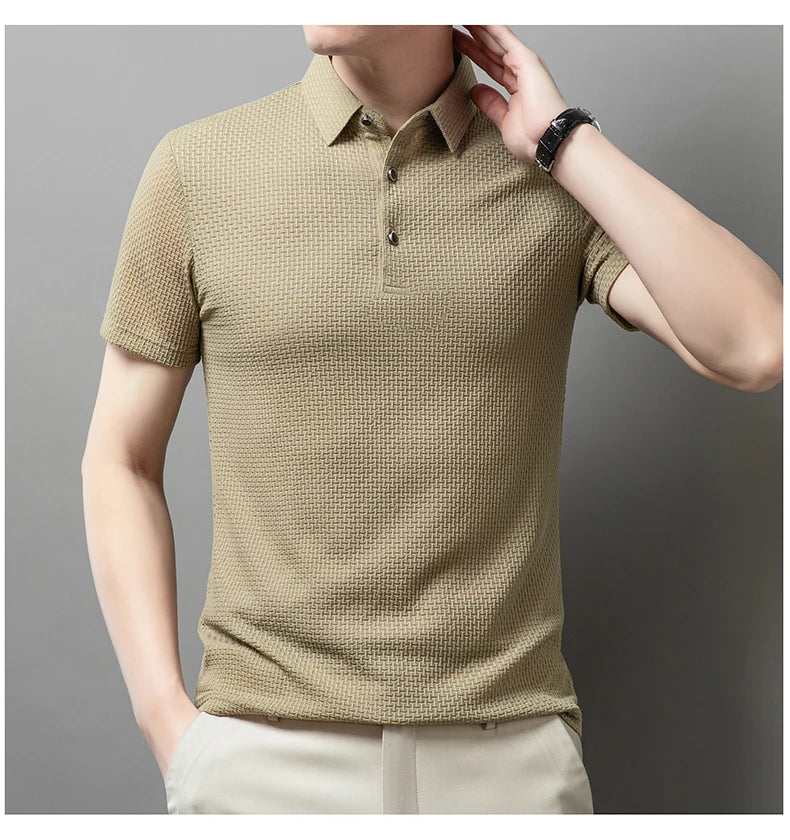 No Trace Of Ice Silk Polo Shirt Lapel Slim Business Casual Short-Sleeved T-Shirt Solid Color Buttons Summer Men's Clothing