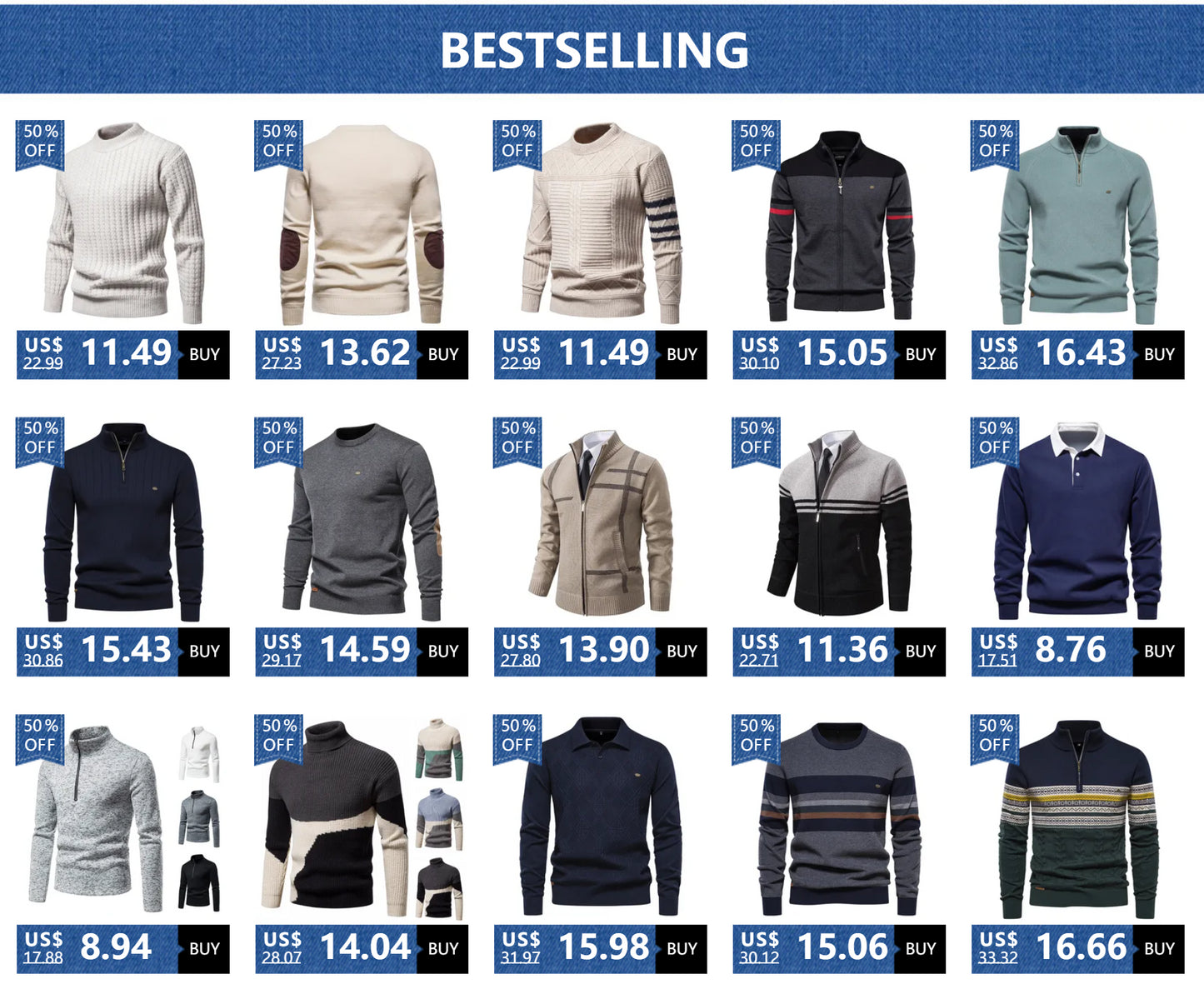 New Men's Sweater Half High Neck Zipper Solid Elastic Slim Fit Long Sleeve Pullover Casual Business Men Knitted Pullover Sweater