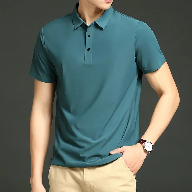 Summer T-shirt Short Sleeve Stretch Ice Silk Polo Shirt Men Business Casual Lapels Slim-Fitting Seamless Mercerized Thin Top Men