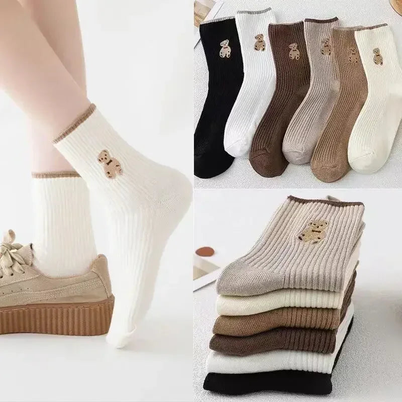 1/5pairs Cartoon Bear Socks Soft Cotton Socks Autumn Coffee Stockings Kawaii Women Socks Korean Casual Stockings Women Hosiery