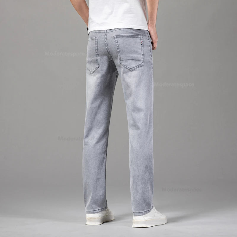 Summer Thin Men's Cotton Jeans New Fashion Gray Elastic Straight Business Casual Pants Comfortable Brand Trousers