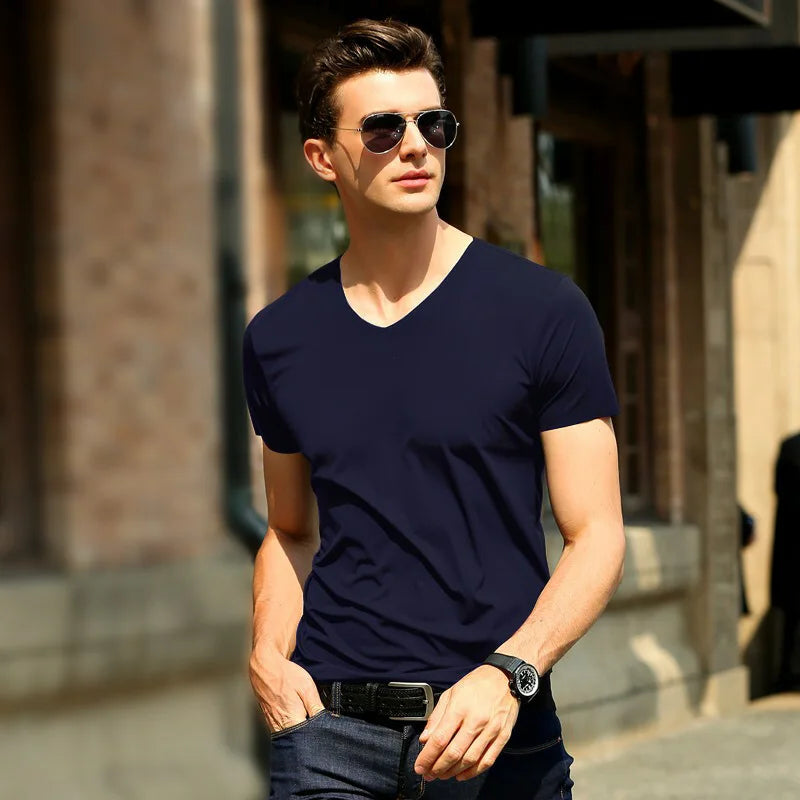 Summer Men T-shirts Ice Silk T Shirt For Men Seamless Casual V-neck Short Sleeve Shirt Tee Tops Men's clothing Blouse Streetwear