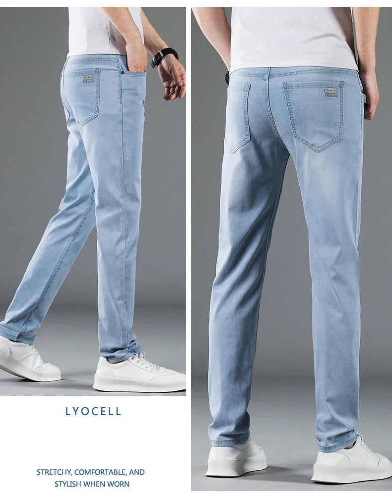 Summer Thin Lyocell Men's Slim Fit Casual Jeans Brand Clothing Stretch Straight Loose Fashionable Casual Denim Trousers Male