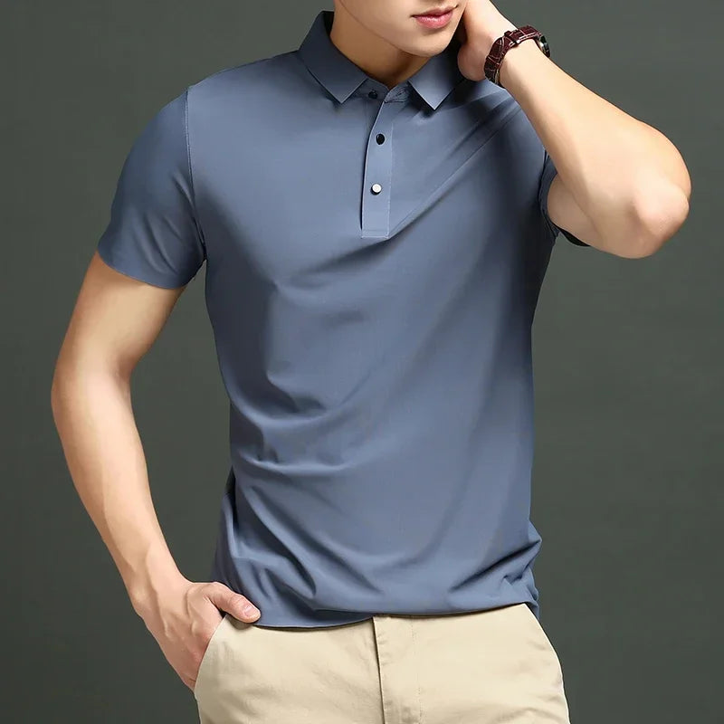 Summer T-shirt Short Sleeve Stretch Ice Silk Polo Shirt Men Business Casual Lapels Slim-Fitting Seamless Mercerized Thin Top Men