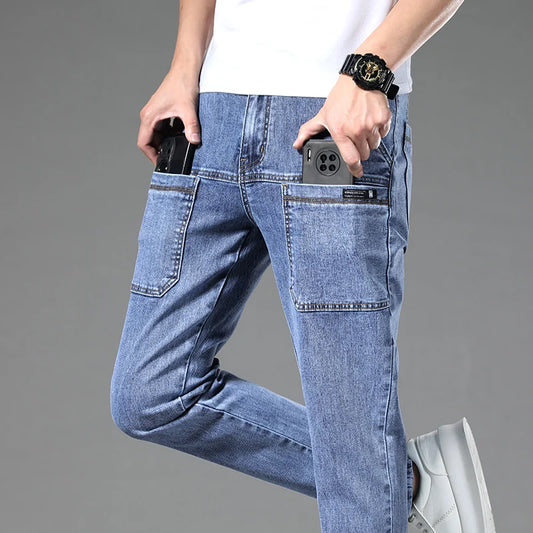 2024 New 6 Pocket Design Men's Denim Jeans Skinny Full Length Pants with High Elasticity Slim Pants Man Fashion Mid-waist Jeans