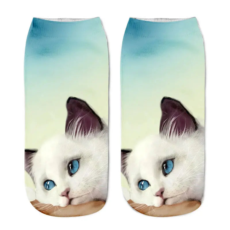 3D Print Funny Cute Cat Socks Cartoon Kitten Unisex Creative Colorful Multiple Cat Face Happy Low Ankle Socks Women Christmas