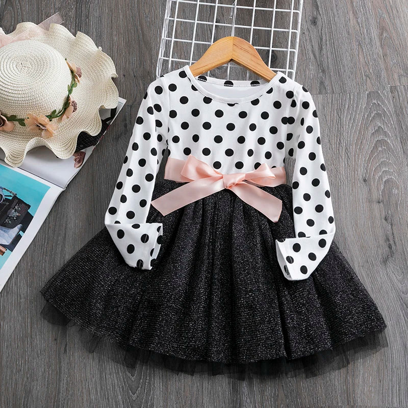 Polka Dot Tulle Kids Princess Dresses for Girls New Spring Autumn Wedding Birthday Party Vestido 3-8 Yrs Children Casual Clothes