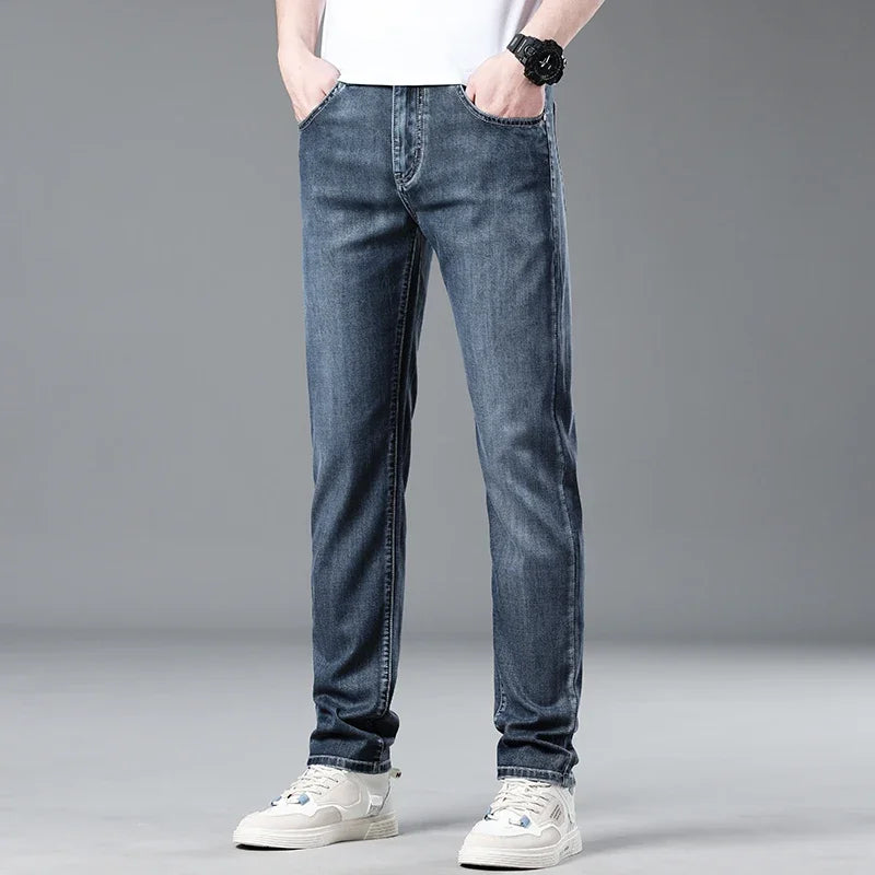 Summer Thin Lyocell Men's Slim Fit Casual Jeans Brand Clothing Stretch Straight Loose Fashionable Casual Denim Trousers Male