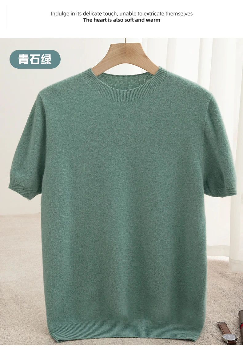 Spring Summer Men's Short Sleeved Pure Wool T-Shirt Sweater O-neck Solid Color Loose Pullover Knitted Sweater Casual Top