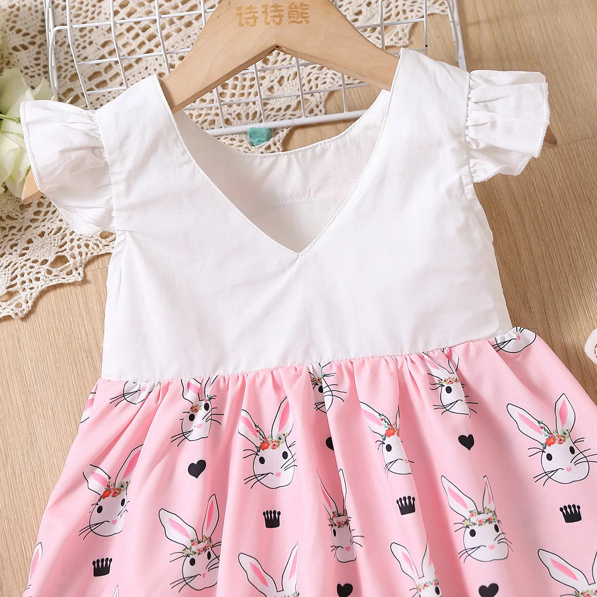 Summer Girls Cartoon Butterfly Sleeve Sleeveless Cute Rabbit Pattern Dress Little Girl Easter Skirt Suitable For Holiday Parties