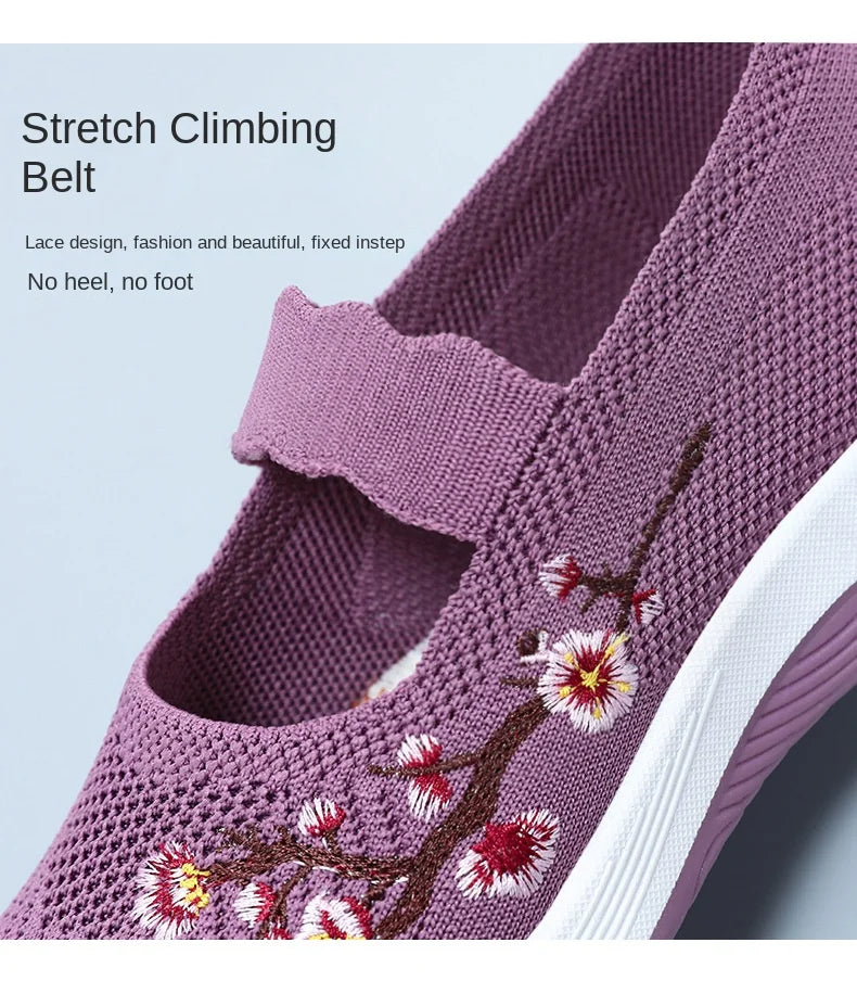 Women's New Shallow Mouth Single Shoeswomen's Sports Shoescasual Flat Bottom Hiking Shoesembroidered Mother's Shoes