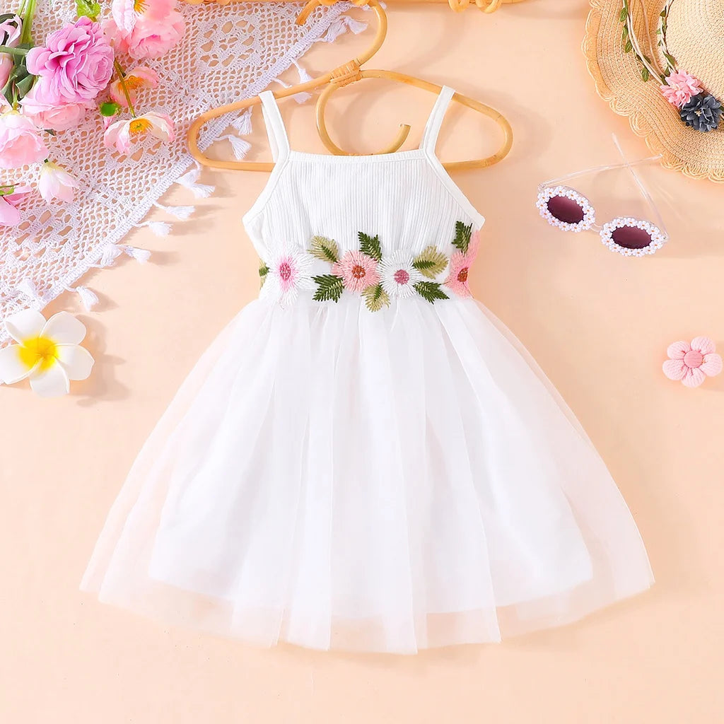 Dress For Kids 2-7 Years old Birthday Fashion Cute Floral Belt Tulle Suspender Princess Casual Dresses For Baby Girl