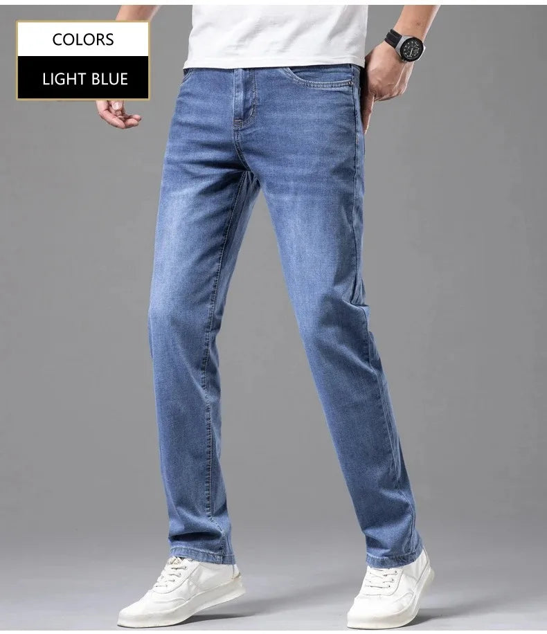 Summer Thin Men's Cotton Jeans New Fashion Gray Elastic Straight Business Casual Pants Comfortable Brand Trousers