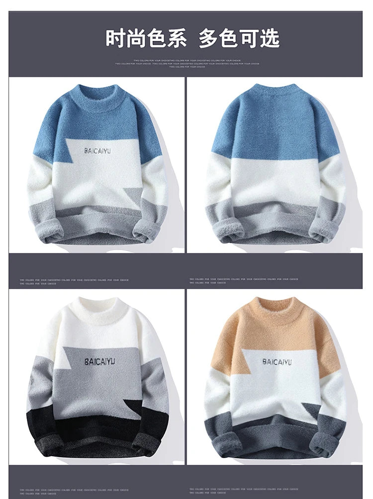 2023 Colorblock Warm Sweater Half Round Neck Sweater Slim Fit Sweater Top Knit Men's Christmas Cardigan