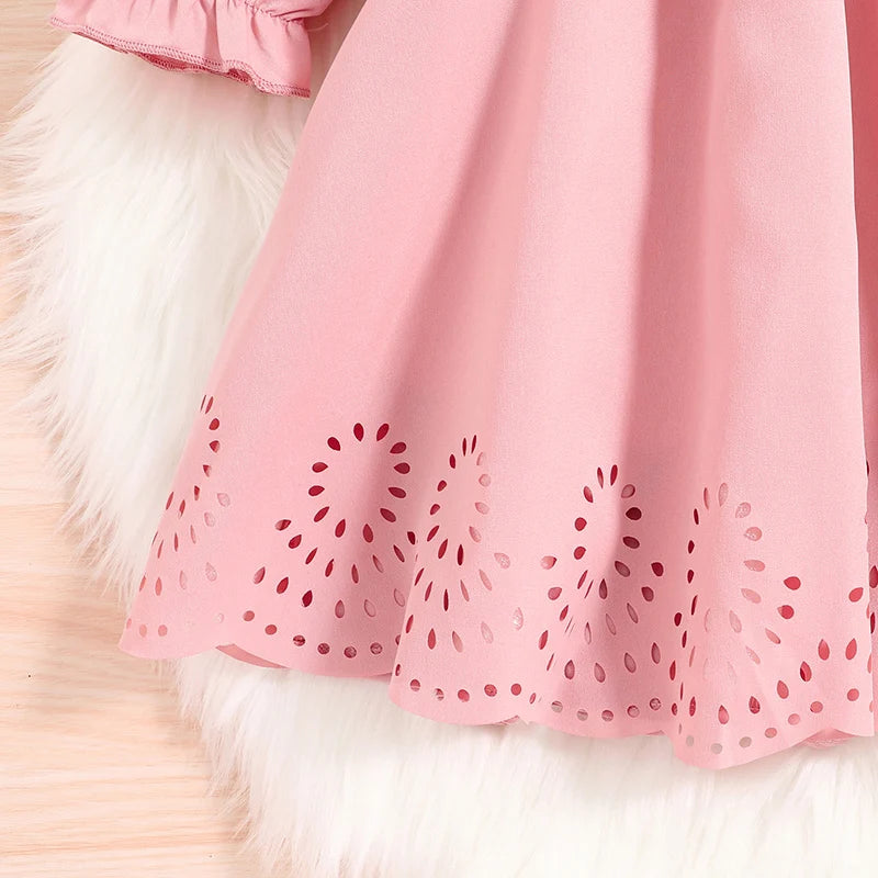 Autumn New Dress Kids Girls 4-7 Years Little Girl's Long-Sleeved Dress With Pink Hemline Burned Flower Elegant Princess Dress