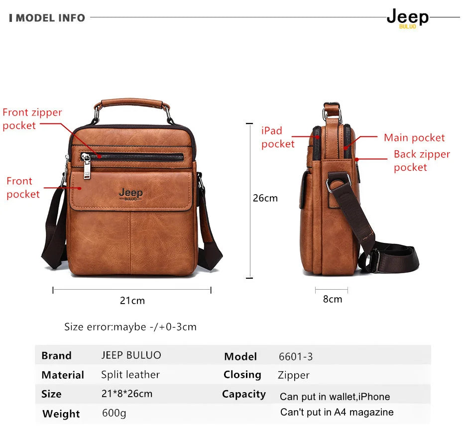 JEEP BULUO Men's Crossbody Shoulder Bags Split Leather Handbag Fashion Business Man Messenger Bag High quality Tote Hot