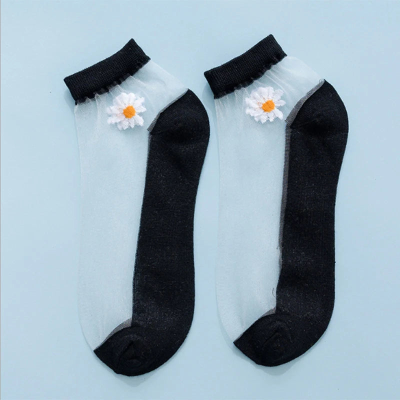 1 Pair Summer Breathable Ultra Thin Socks Women Transparent Lace Silk Crystal Rose Flower Girls Elastic Short Socks Female Sox