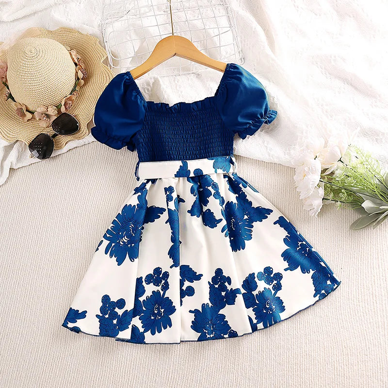 Girl Dress Summer New Sweet Print Patchwork Bubble Sleeve Blue Princess Skirt Birthday Party Dress Girl Baby Children's Clothing